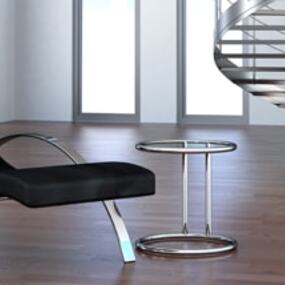 Moderne minimalistische Einrichtung mit Ledersessel, Beistelltisch und Wendeltreppe im Loft.